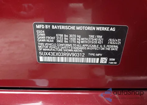 2024 BMW X6 M60I из США, поврежденный, VIN 5UX43EX03R9V90312